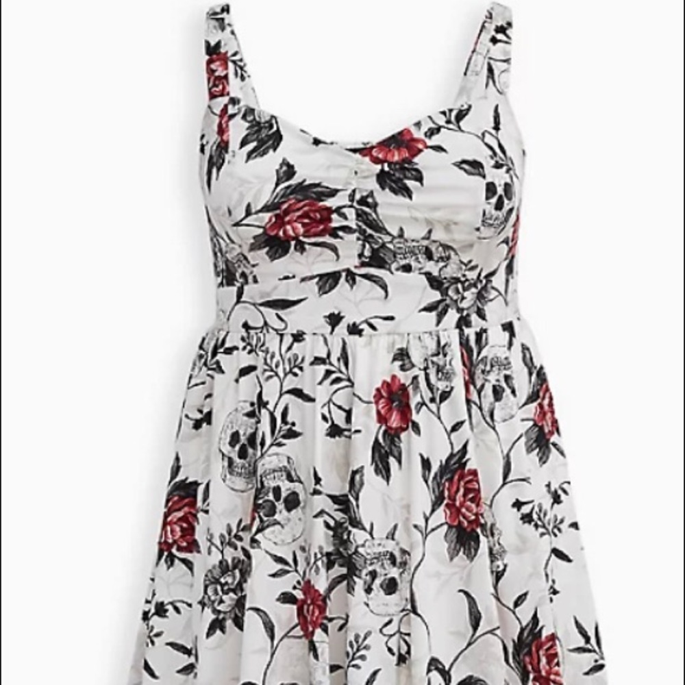 Torrid Retro Chic Size 1 MIDI Skater Dress Skulls & Flowers Stretch Poplin